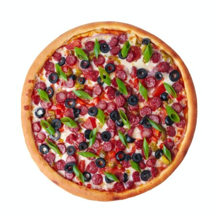 Top view of fresh pizza isolated on white